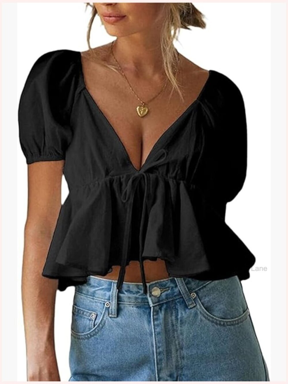 Deep V Neck Crop Top Ruffle Hem Puff Short Sleeve Tie Back Blouse